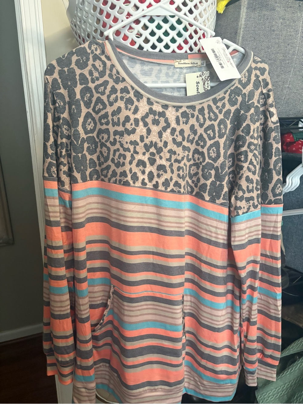 Ladies new Striped & Leopard Print Long Sleeve Pullover - Coral/Turquoise/Gray